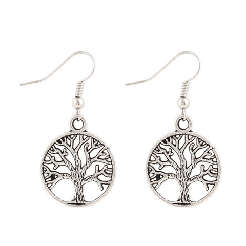 Fashion Retro Punk Style Pierced Peace Tree Round Pendant Earrings Women Personality Jewelry