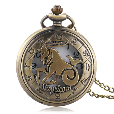 Pocket Watch Constellation Stylish Capricorn Design Pocket Watch for Men Women Zodia with Necklace Chain Pocket Watch Gift